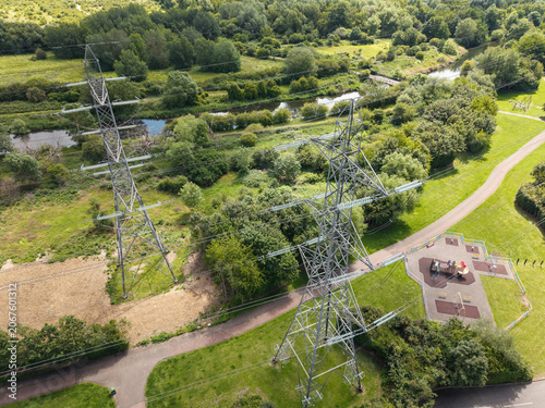 Aerial View of Electricity Pylons in Gunpowder Park, Essex