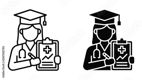 Female medical student in graduation cap holding clipboard with cross symbol icon set representing clinical training and academic healthcare certification for aspiring doctors and nurses