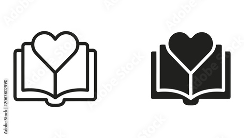 Open book with heart symbol icon set representing passion for medical learning and healthcare education for students and researchers in the field of health sciences and professional development