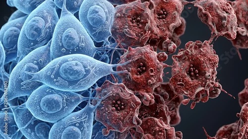 Cancer cell and healthy cell interaction microscopic biology with blue healthy cells red cancer cells detailed 3d rendering medical science concept immune cells attacking cancer cells vivid colors