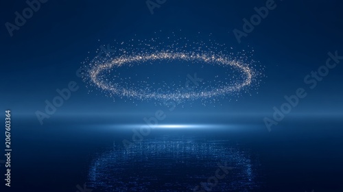 Glowing dot halo in dark blue sky above calm water reflection