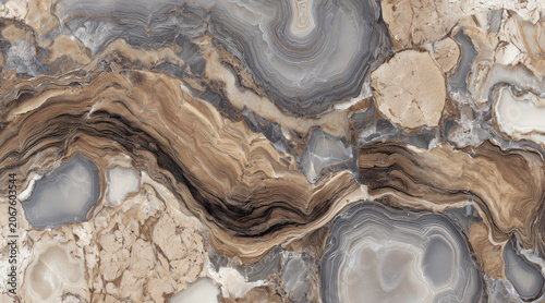Konstfotografi Intricate brown-gray swirled agate stone texture with natural vein patterns swir