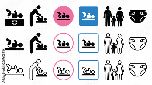 Baby Changing Room Facility Icon Set Flat Vector Parent Child Infant Symbol Badge Public Signage App UI Website EPS SVG