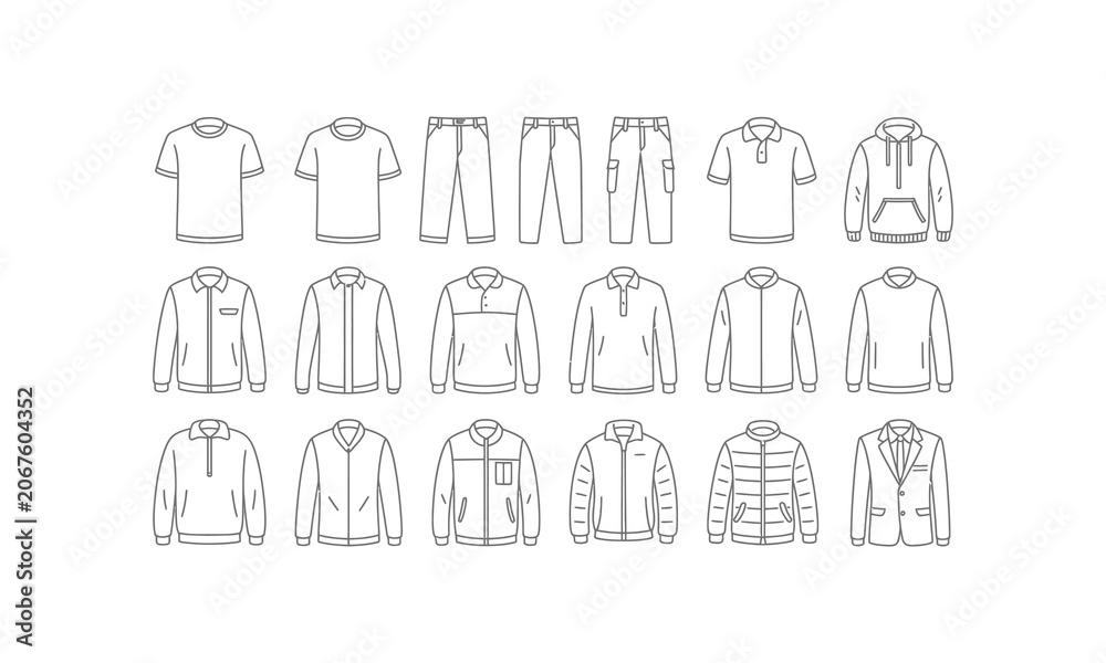 Fototapeta premium Clothing Icons – Casual & Outerwear Outline Set