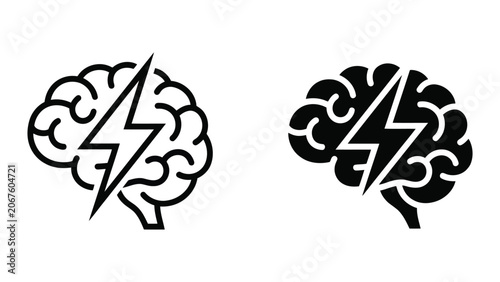 Human brain and lightning bolt icon set for cognitive computing and mental performance enhancement technology in professional vector design for health tech and psychology research presentations