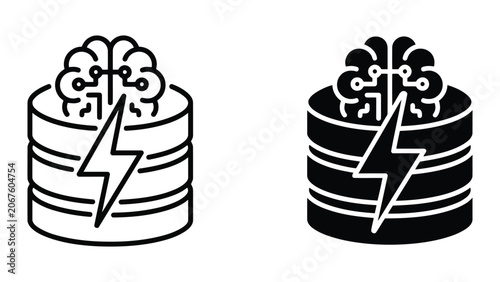 Smart database brain icon set with integrated lightning bolt symbol for advanced machine learning and high performance data storage solutions in clean black and white vector graphic design style