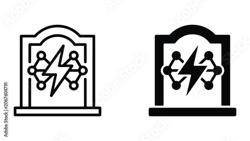 Neural network and lightning bolt technology icon set designed for artificial intelligence and computer science concepts in clean vector format for modern digital interfaces and software development