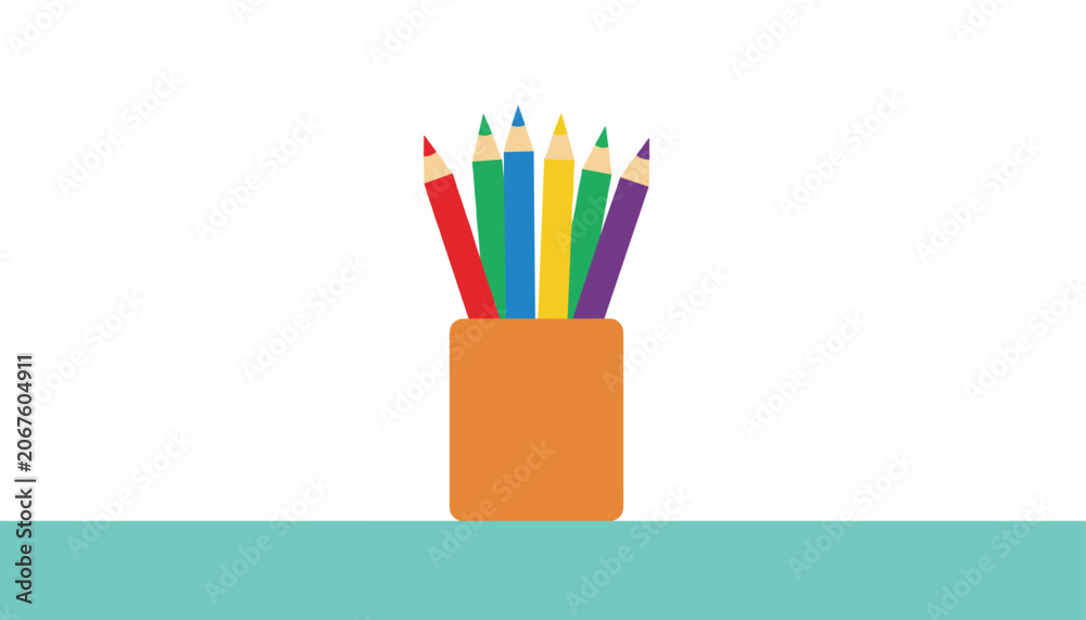 Fototapeta premium Set of sharp colorful pencils standing inside a simple orange holder on a bright turquoise surface and white background.
