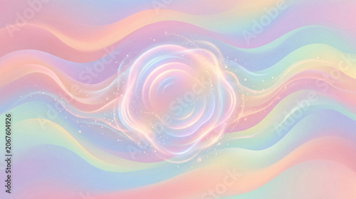 Soft pastel rainbow wave abstract background with a central glowing iridescent swirl and subtle glitter accents.