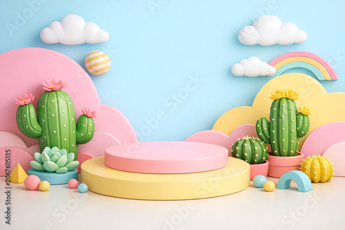 A vibrant and playful image featuring a cartoonish cactus field under a rainbow sky with fluffy clouds. Perfect for a childrens' book theme or a cheerful decoration.