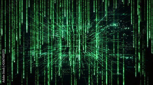 Green digital matrix code background with vertical falling hacker data characters in 3D cyber space.