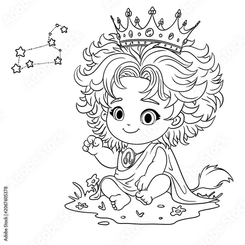 Leo Zodiac Sign Baby Lion King Character Coloring Page with Constellation Outline Illustration