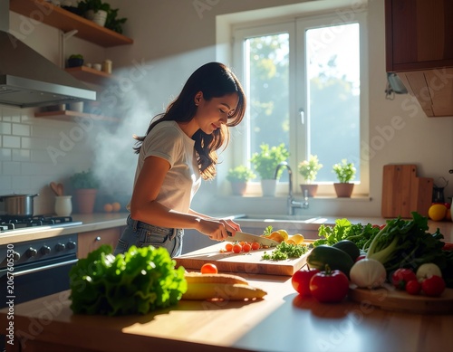 Smiling woman cutting fresh vegetables on a kitchen counter surrounded by organic produce, promoting healthy eating, wellness, and homemade meals.