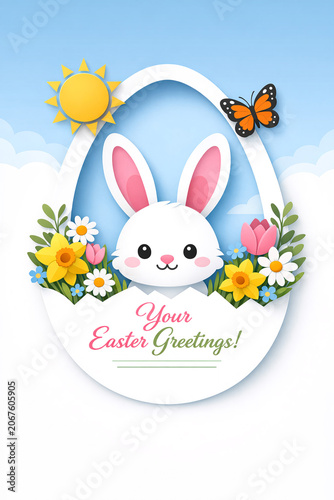 A festive Easter wreath with a cute bunny in the center and colorful flowers around it. Perfect for sending warm Easter wishes!