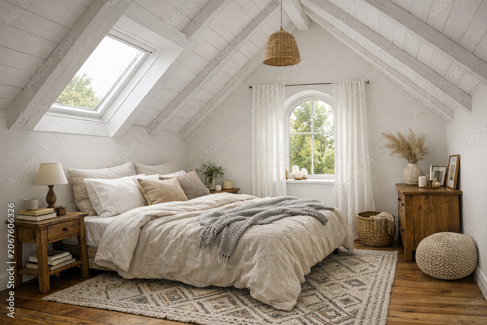 Fototapeta premium Beautiful attic bedroom with skylights and white decor.