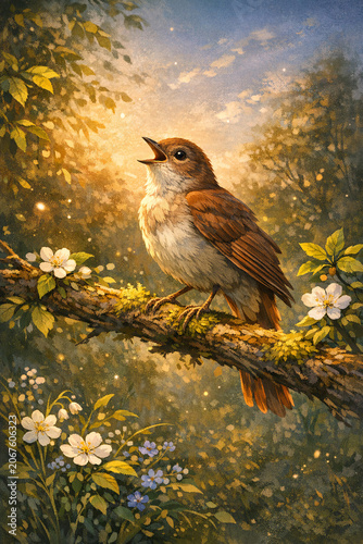 A vibrant image of a bird perched on a branch surrounded by blossoming flowers and leaves. The sun shines brightly through the foliage, creating a warm and inviting atmosphere.
