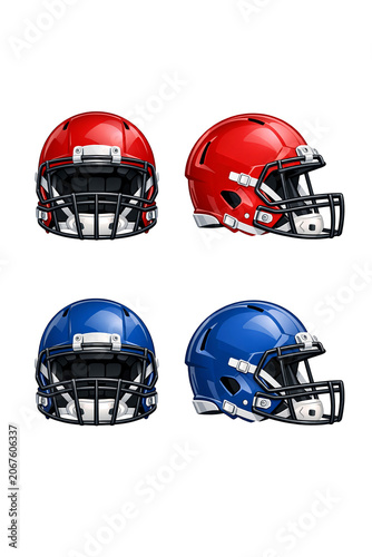 A set of football helmets in red and blue.
