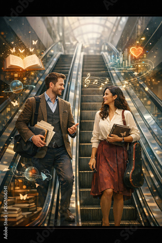 A man and woman engaged in conversation while holding books as they ascend a stairway.
