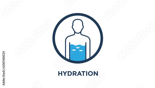 Circular health and wellness icon showing a human body outline partially filled with blue water above the word hydration.