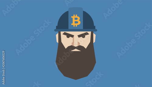 Portrait of a bearded male miner wearing a dark blue hard hat with the gold bitcoin symbol on a blue background.