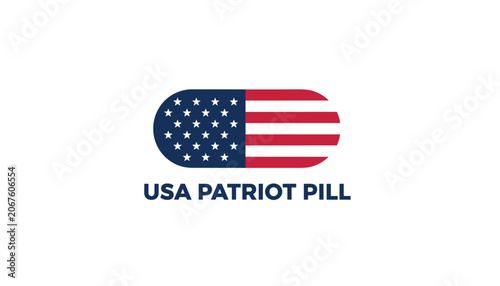 American flag themed medical capsule pill illustration with the text USA patriot pill on a clean white background.