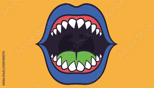 Scary monster mouth with sharp white vampire teeth and a bright green tongue open wide on a yellow background.