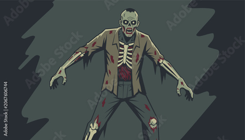 Zombie monster with an exposed rib cage and torn clothes walking slowly in a dark creepy forest at night.