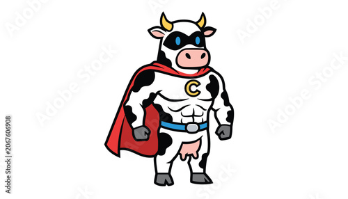 Super cow heroic mascot character with big muscles wearing a red superhero cape and a black mask on white background.