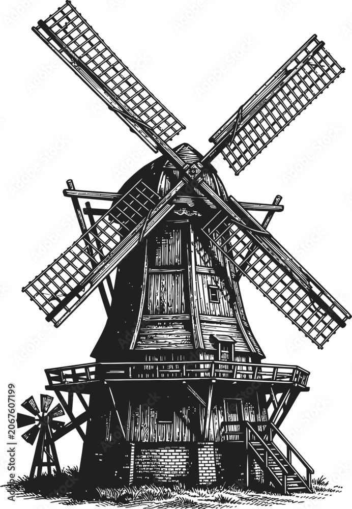 Obraz premium Traditional Dutch windmill in black and white line drawing style, representing rural landscape, agriculture, and historical architecture, agricultural industry concept