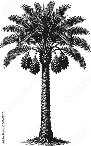 A black and white silhouette illustration of a date palm tree, showcasing its textured trunk and canopy, bearing clusters of ripe dates.