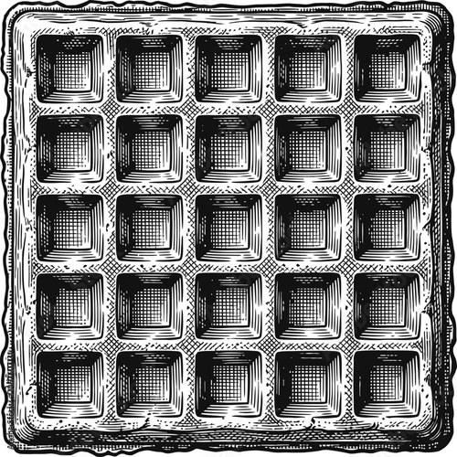 A detailed engraved illustration of a square waffle with a grid pattern, presented in monochrome. This vintage-style drawing is ideal for food-related concepts.
