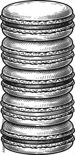A vintage-style line drawing depicts a tall stack of French macarons. The monochrome illustration features detailed shading and texture, suitable for bakery or dessert themes.