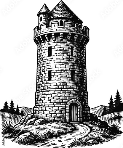 Stone medieval tower with turrets and arched doorway, set in a landscape with trees and path, line art illustration