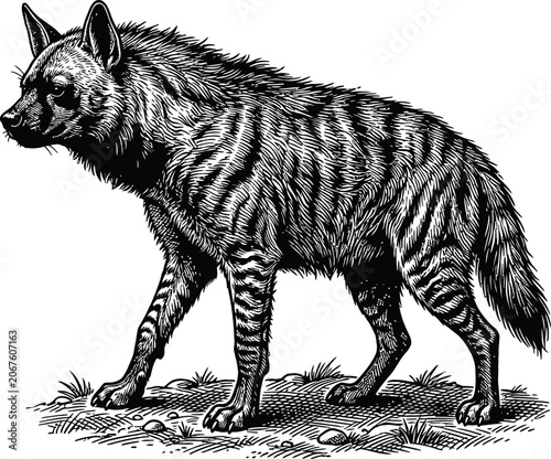 A black and white line drawing of a striped hyena in profile, walking on a patch of grass. The illustration features detailed linework, capturing the animal's distinctive stripes and form.
