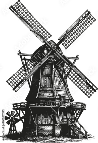 Traditional Dutch windmill in black and white line drawing style, representing rural landscape, agriculture, and historical architecture, agricultural industry concept