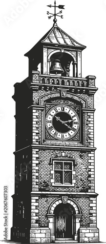 Detailed sketch illustration of a vintage clock tower made of stone, featuring an arched doorway, a window, and a weather vane atop its pitched roof.