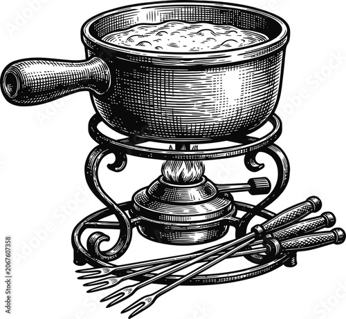 Vintage fondue set with pot, burner, and forks on a stand, vintage cooking illustration