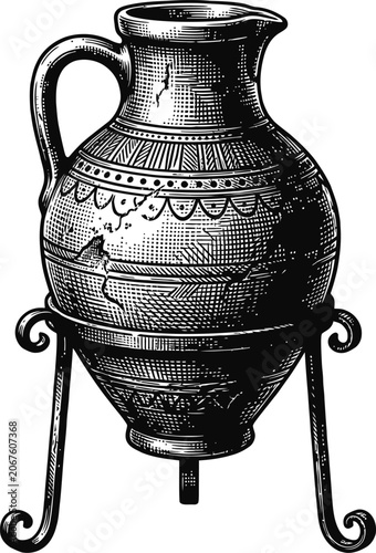 An antique jug or pitcher crafted from earthenware, featuring an ornate decorative band around its body. It rests upon a stylized, decorative stand, presented in a vintage etched illustration style.