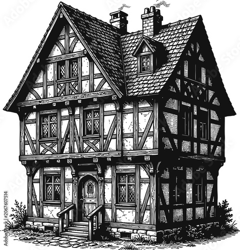 Vintage timber-framed house with ornate details and rooftop chimneys, European architectural style illustration