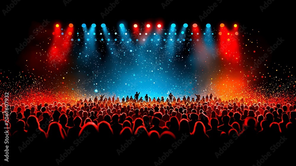 Obraz premium Dynamic Concert Crowd Silhouettes with Vibrant Stage Lights and Particle Effects Illustration