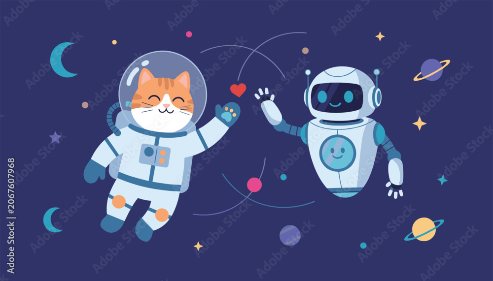 Fototapeta premium Cute cartoon astronaut cat and space robot high-fiving with a glowing red heart in a dark starry galaxy background.
