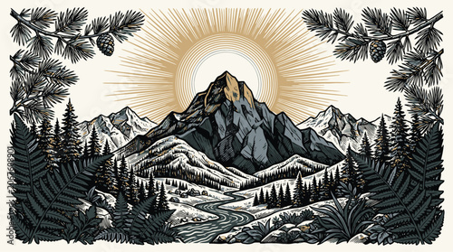 Vintage mountain forest sunrise vector landscape illustration.