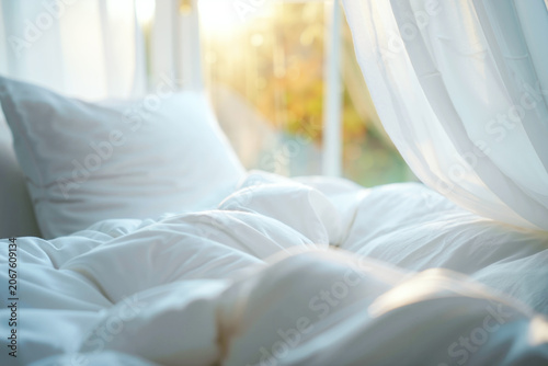 Bright morning light filters through sheer curtains, highlighting soft white bedding and pillows in a serene, inviting space for relaxation. Generative AI.