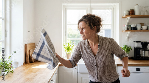 Annoyed woman swatting a fly with a dish towel in a clean modern kitchen, dealing with household pests