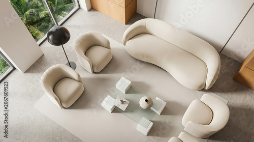 Modern luxury living room interior with white curved sofa and matching armchairs on grey rug furniture interior apartment minimalist comfortable relaxing