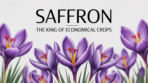 Purple saffron crocus flowers with botanical design and text botanical blooming agriculture ingredient culinary seasoning fragrant illustration