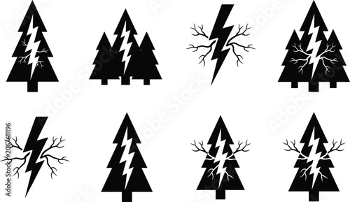 Tableau sur toile Lightning struck forest tree icons featuring storm damage electrical discharge a
