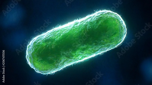 Close-up microscopic view of a single green bacterium cell with a textured surface on a dark blue background