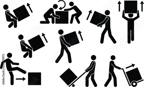 Obraz na plátně Material handling worker icons set showing lifting carrying moving rotating and