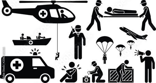 Bild auf Leinwand Emergency rescue services icons set featuring ambulance helicopter stretcher eva